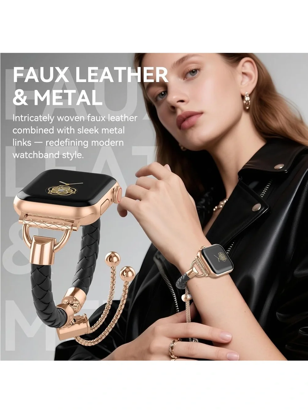 Leather and Metal Band Compatible with Apple Watch Bands for Women, Adjustable D
